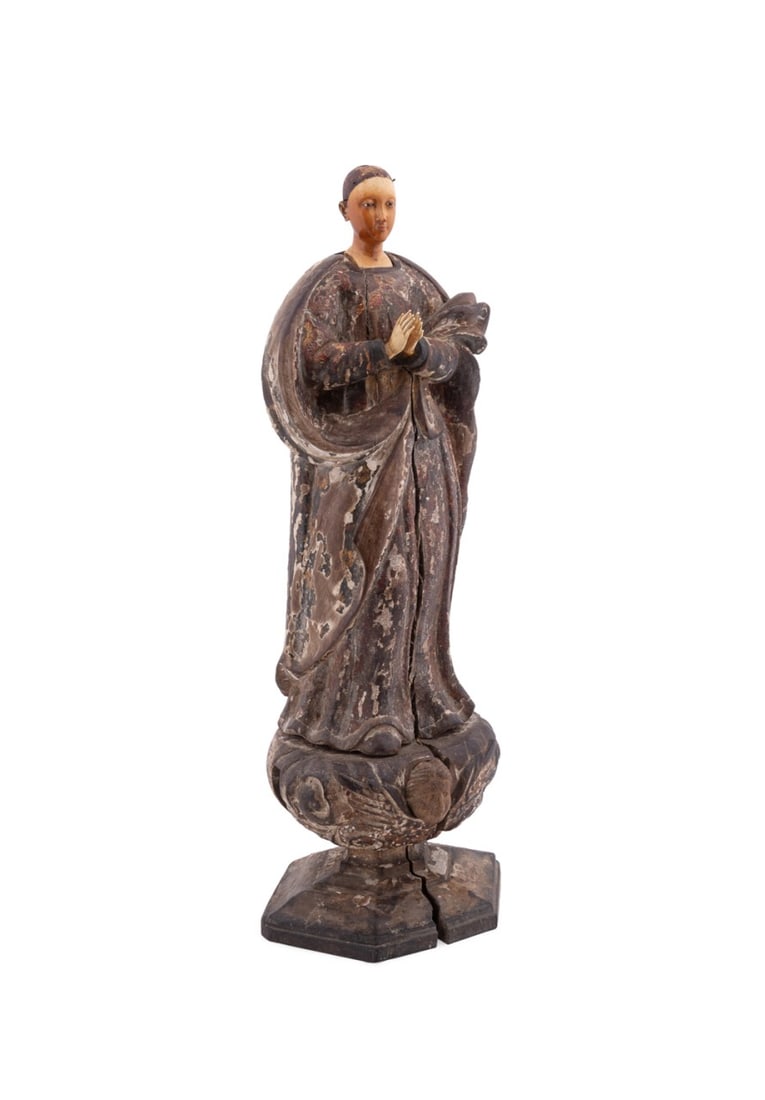 BLESSED VIRGIN MARY SANTOS WITH BONE HEAD: Likely Mexican, Central or South American, or Continental, 19th century or earlier. Carved wooden santos figure of the Blessed Virgin Mary, having bone head and hands, apparently unmarked. Approximate