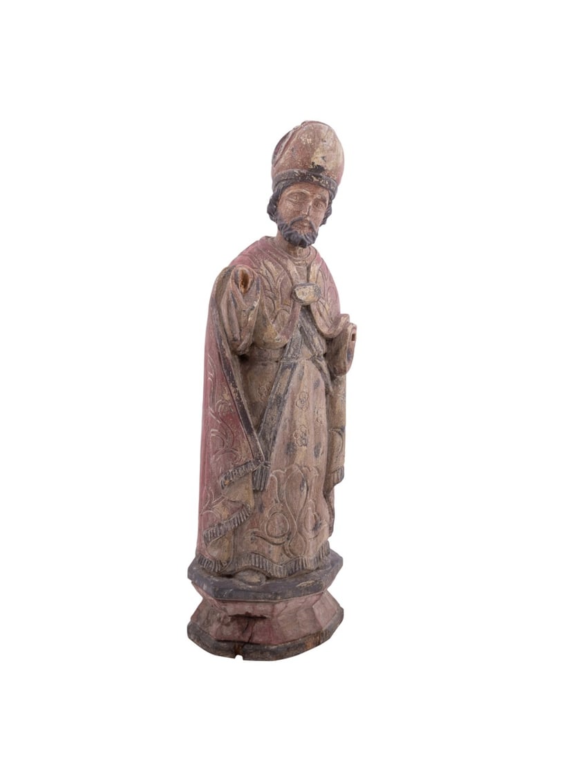 CARVED WOODEN POLYCHROME FIGURE OF A ST. BISHOP (1 of 7)