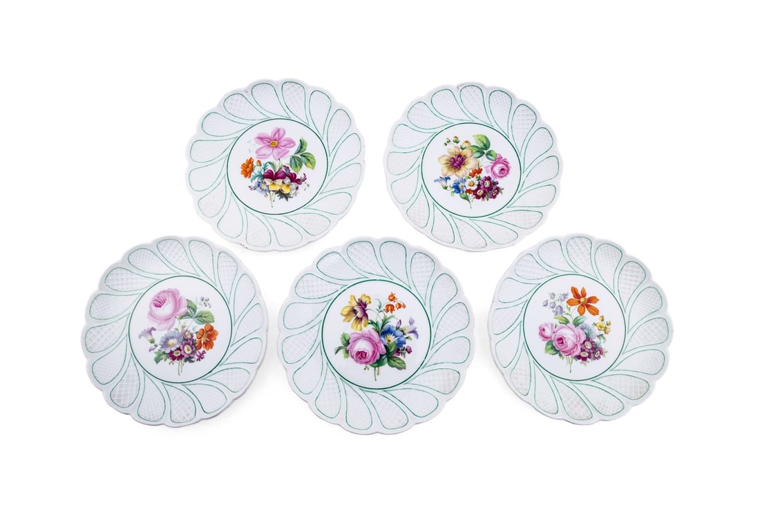 MEISSEN, FIVE FLORAL DESSERT PLATES, 1815-1924 (1 of 8)