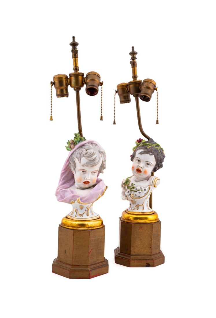 PAIR OF ALLEGORICAL BUST LAMPS, AFTER MEISSEN: After Heinrich Schwabe (German, 1847-1924) for Meissen Manufactory (German, founded 1710), originally modeled circa 1877. Pair of allegorical children porcelain busts from the Four Seasons