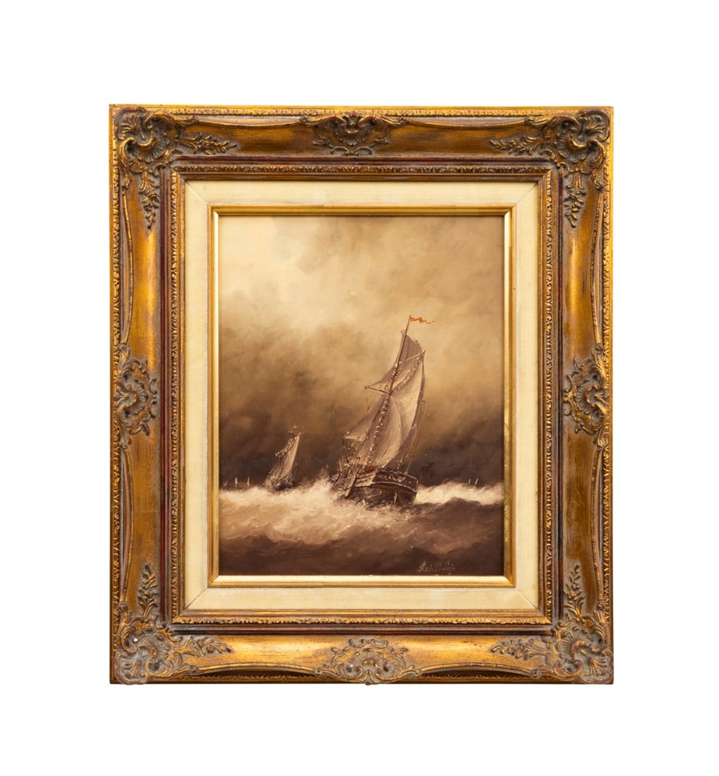 LOUIS VORHAY, SHIPS ON A STORMY SEA, OIL ON PANEL: Louis Vorhay (Dutch, born 1935). Untitled - Ships on a Stormy Sea, 20th century, oil on panel, signed "Louis Vorhay" to LR. Framed. Provenance: The Estate of Edward and Mary Ellen Gillespie, Mount Ple