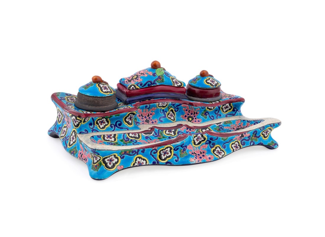 LONGWY 'CLOISONNE' EARTHENWARE INKSTAND: Longwy (French, founded 1798), late 19th to early 20th century. Chinoiserie earthenware inkstand, having polychrome "cloisonne" type decoration, two inkwells flanking a covered compartment, and pen tr