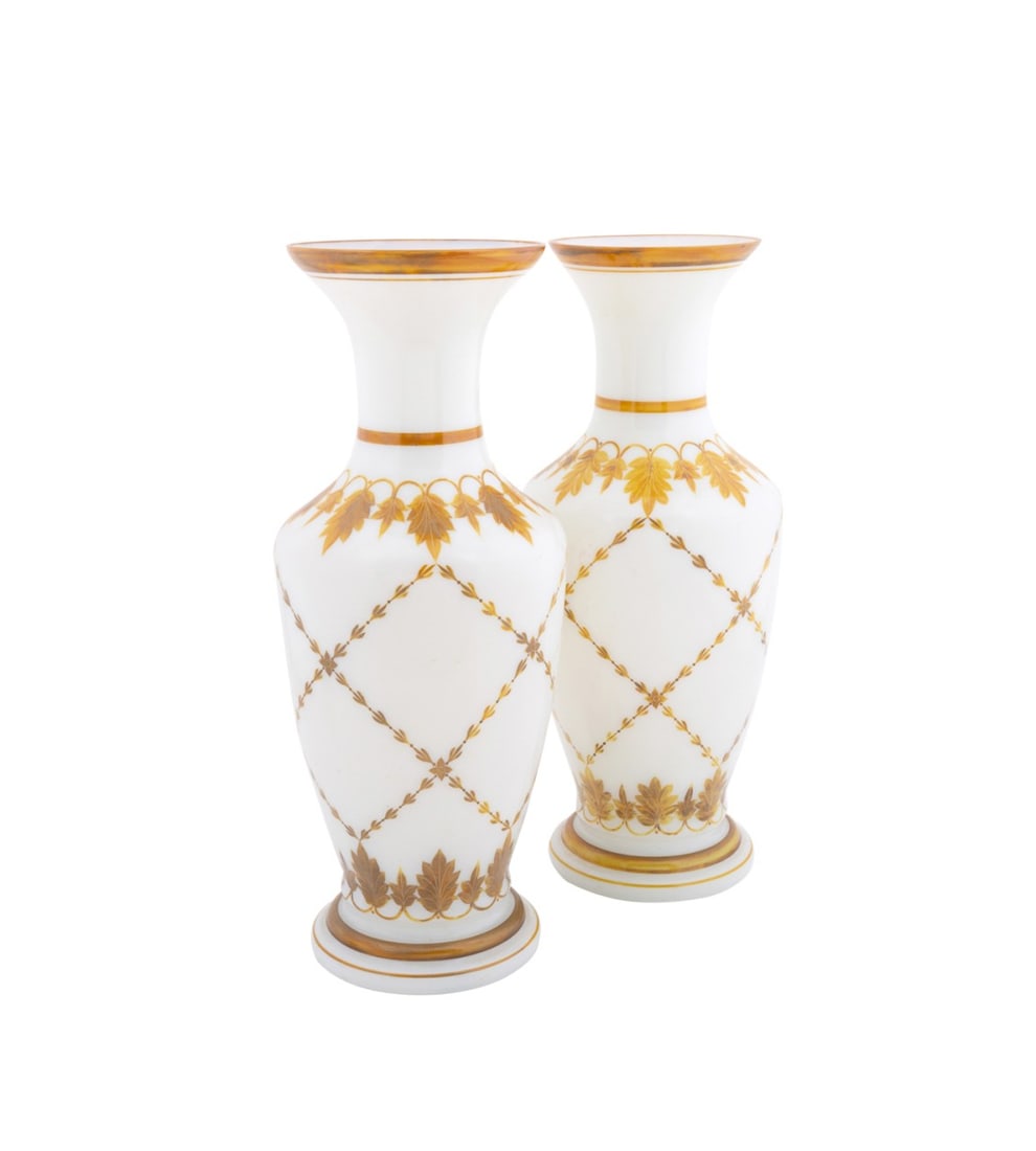 PAIR OF LARGE NEOCLASSICAL STYLE OPALINE VASES: French, 20th century. Pair of large parcel gilt and deep yellow decorated white opaline glass baluster-form vases in the Neoclassical taste, each having a laurel wreath trellis band framed by anthemio