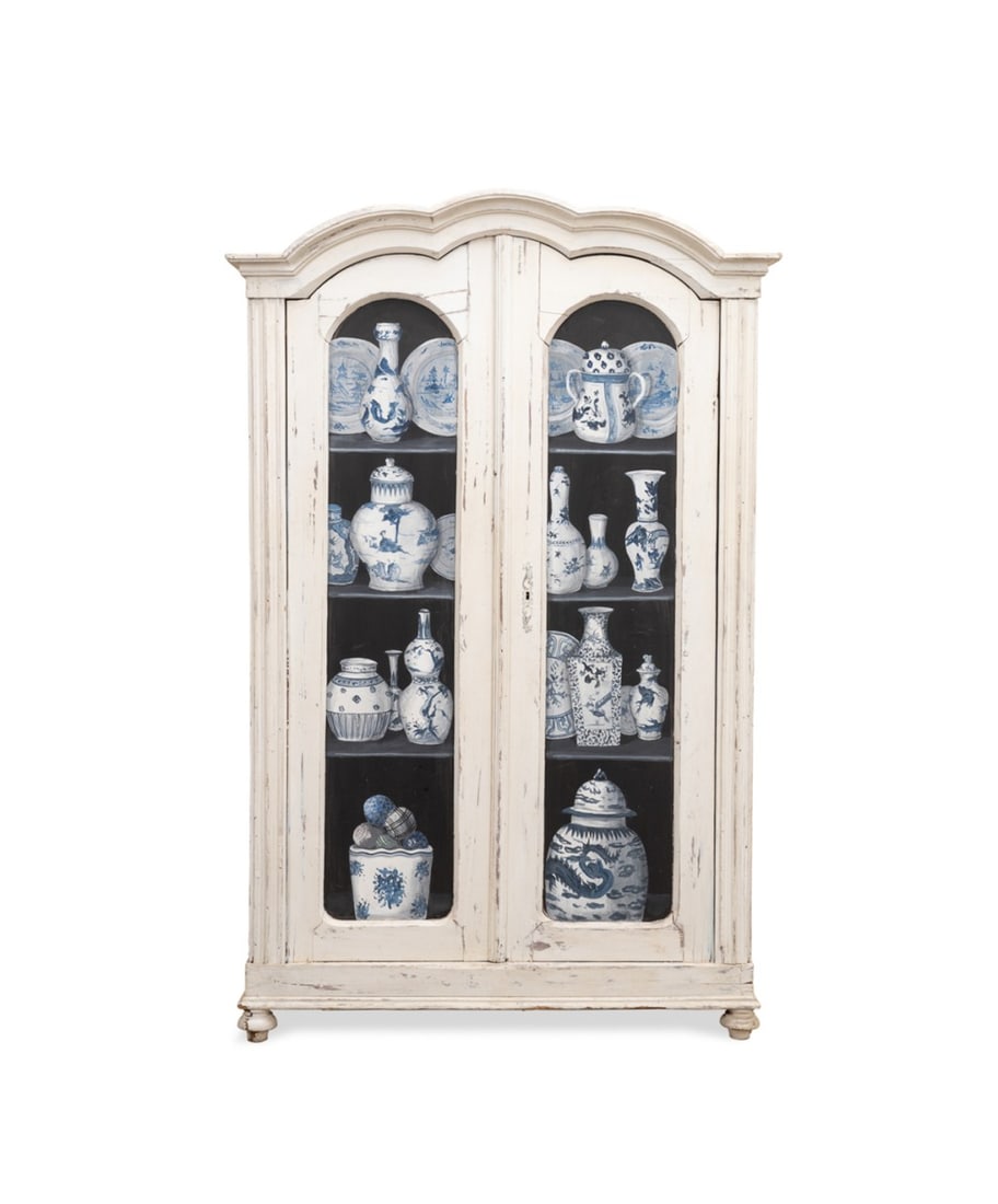 19TH BLUE/WHITE PORCELAIN TROMPE L'OEIL ARMOIRE: Continental, late 19th century. Provincial Rococo style white painted trompe l'oeil armoire, having two hand painted blue and white porcelain motif panel doors, apparently unmarked. Provenance: Estate