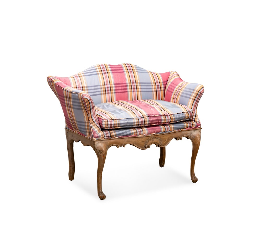 18TH/19TH C. ROCOCO SILK MADRAS UPHOLSTERED SETTEE: Continental, possibly French or Italian, 18th / 19th century. Beech Rococo settee, having silk Madras upholstery, down filled seat cushion, and rising on front cabriole legs, Provenance: Estate of Sco