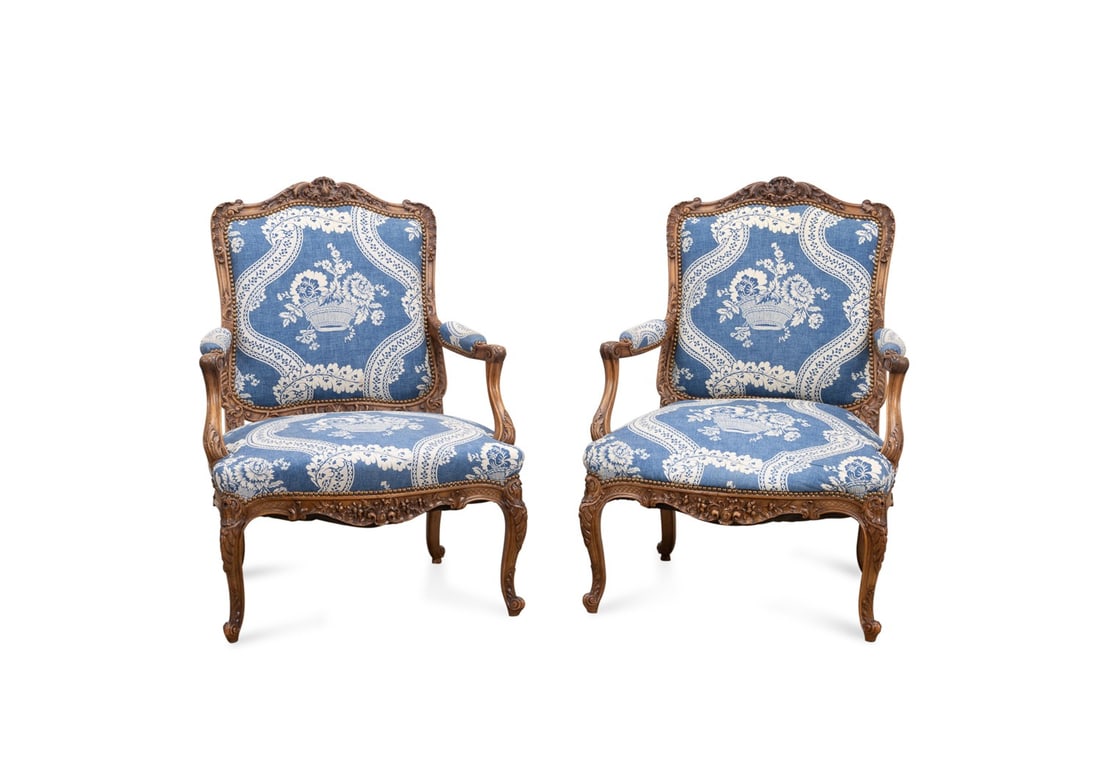 PAIR, LOUIS XV STYLE BLUE UPHOLSTERED ARMCHAIRS (1 of 6)
