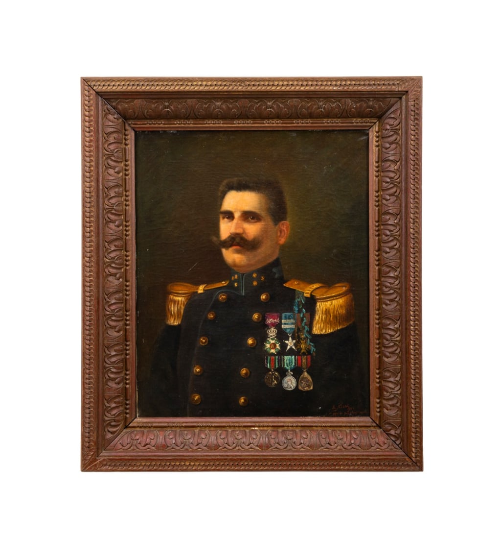 PORTRAIT OF A BELGIAN MILITARY OFFICER, 1916, O/C: Belgian or French School. Untitled - Portrait of a Belgian Military Officer - 1916, oil on canvas, inscribed "E. Nises / 1916 / d'apres du photographie" to LR. Framed. Note: The identified medals are