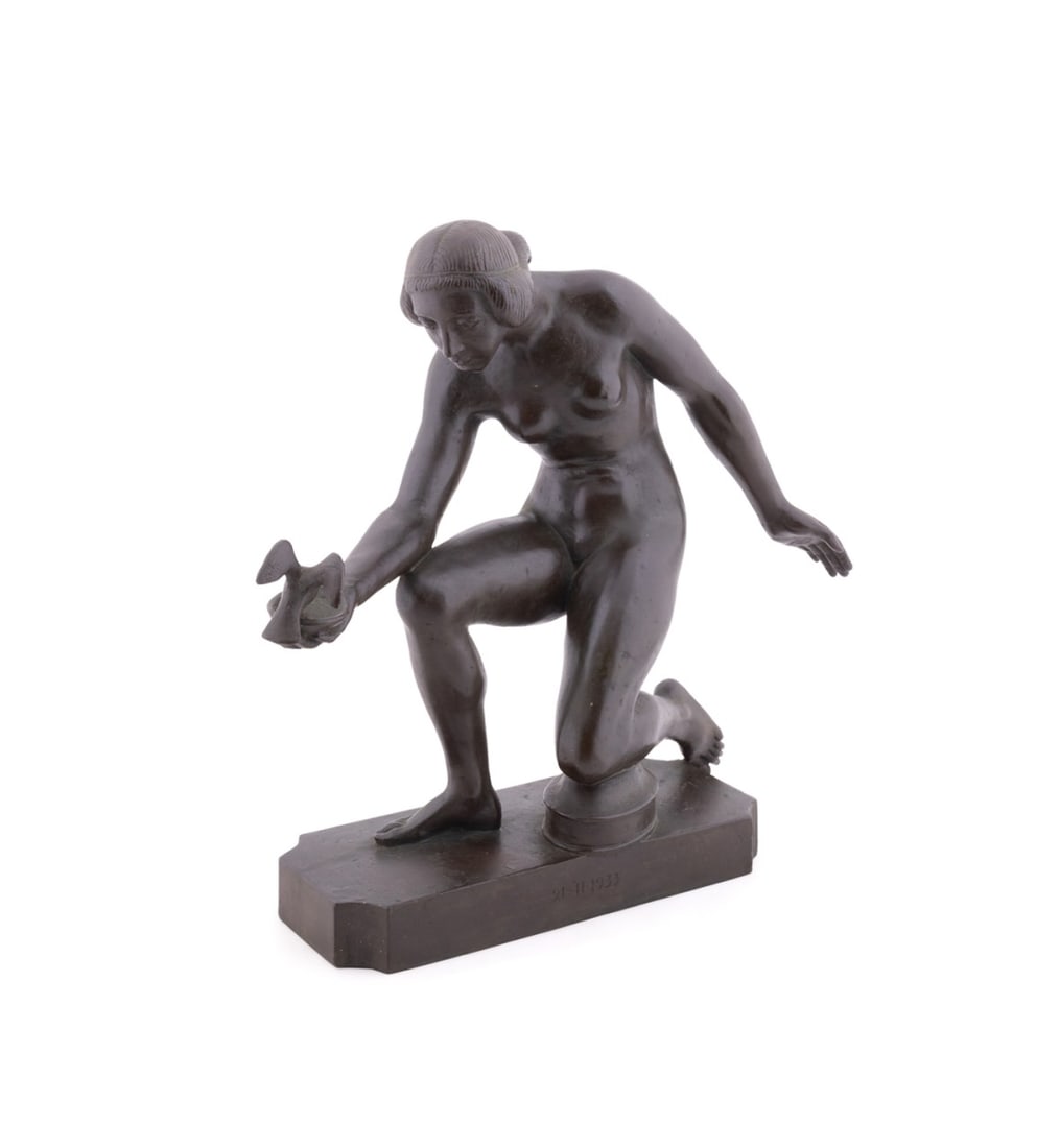 CARL FAGERBERG, 'GIRL WITH DOVE', 1933, BRONZE: Carl Fagerberg (Swedish, 1878-1948). "Flicka med duva" (Girl with Dove) - 1933, bronze sculpture, signed "C Fagerberg" to base LR, dated to base side. Approximate dimensions: overall h. 17", w. 18", d