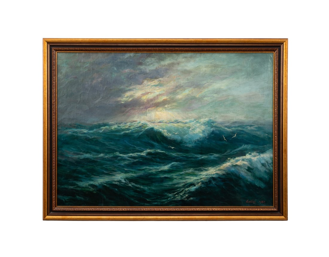 ERDESZ, LARGE STORMY SEASCAPE, 1937, O/C: Continental School, 1937. Untitled - Large Stormy Seascape, oil on canvas, signed "Erdesz" and dated to LR. Framed. Approximate dimensions: canvas h. 27", w. 38"; frame h. 31.5", w. 42.5", d. 2".