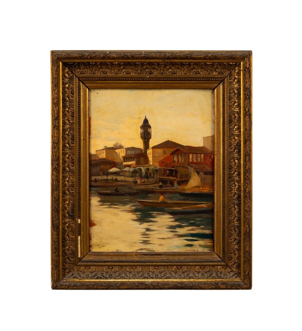 CONTINENTAL SCHOOL, HARBOR SCENE OIL ON PANEL: Continental School, late 19th / early 20th century. Untitled - Harbor Scene with Figures in Boats, oil on wood panel, illegibly signed to LL. Framed Provenance: Private Collection, Atlanta, GA. Approx
