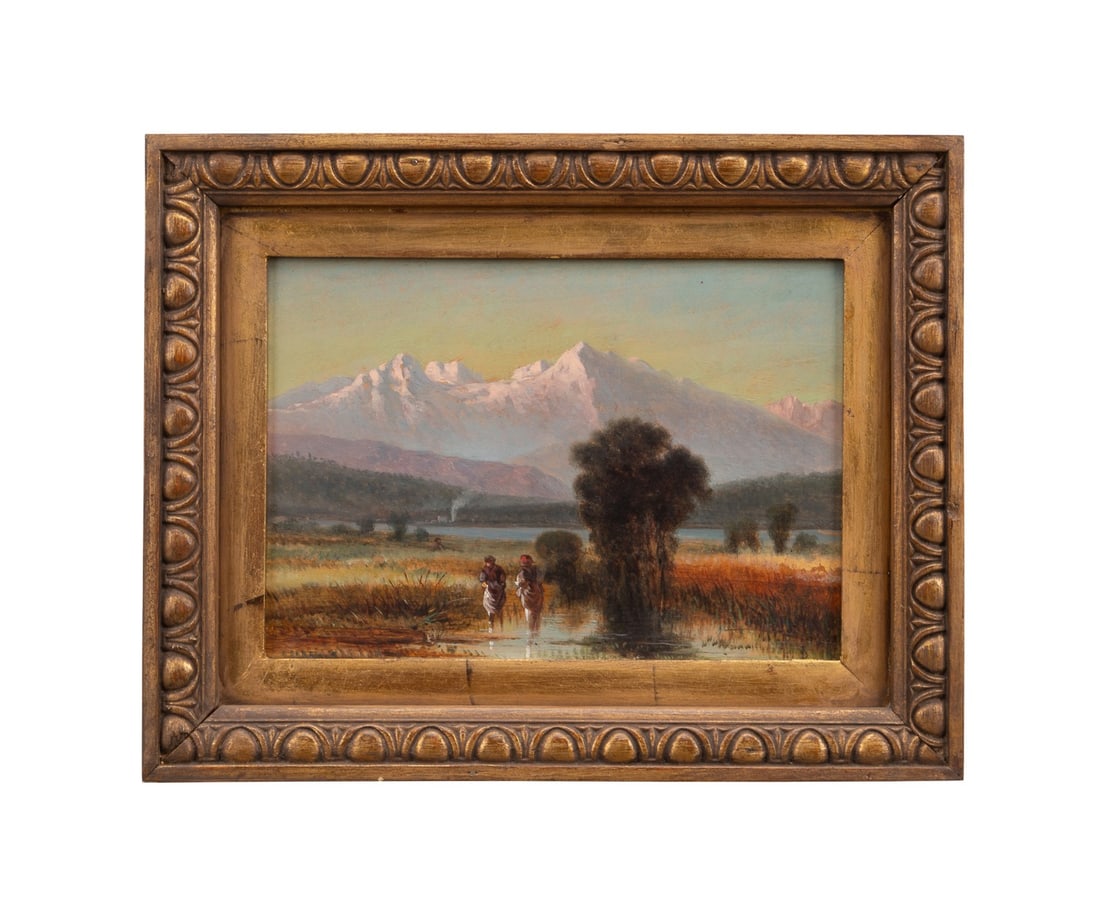 FRENCH SCHOOL, LANDSCAPE, 19TH/20TH C.: French School, 19th / 20th century. Untitled - landscape with figures in a field and snowy mountains in the background, oil on board, apparently unsigned, illegible writing to verso. Framed. Provenanc