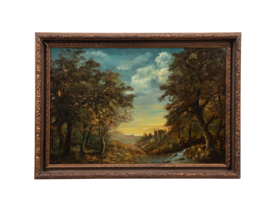 CONTINENTAL SCHOOL IDYLLIC LANDSCAPE, 19TH/20TH C.: Continental School, 19th-20th century. Untitled - Forested Landscape with Small Waterfall and Castle in the Near Distance, oil on canvas, apparently unsigned, tag from Carolina Conservation, Irmo, SC