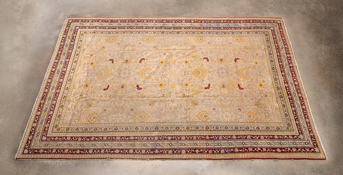 INDIAN 20TH C. HANDWOVEN AGRA RUG, BEIGE/RED/GOLD (1 of 5)