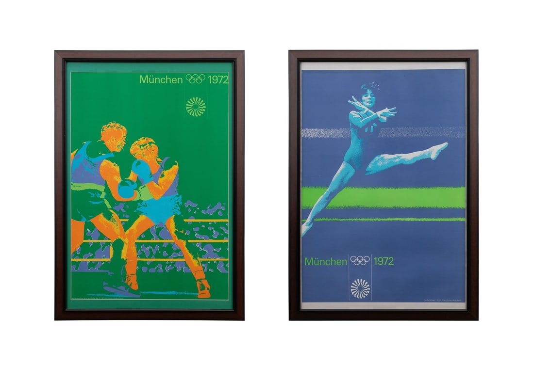 MUNICH 1972 OLYMPICS POSTERS, BOXERS AND GYMNAST: Otto "Otl" Aicher (German, 1922-1991). Pair of posters from the 1972 Olympic Games in Munich - Boxers and Gymnast, circa 1968-1972, screenprint in colors on paper, apparently unsigned. Framed. Provena