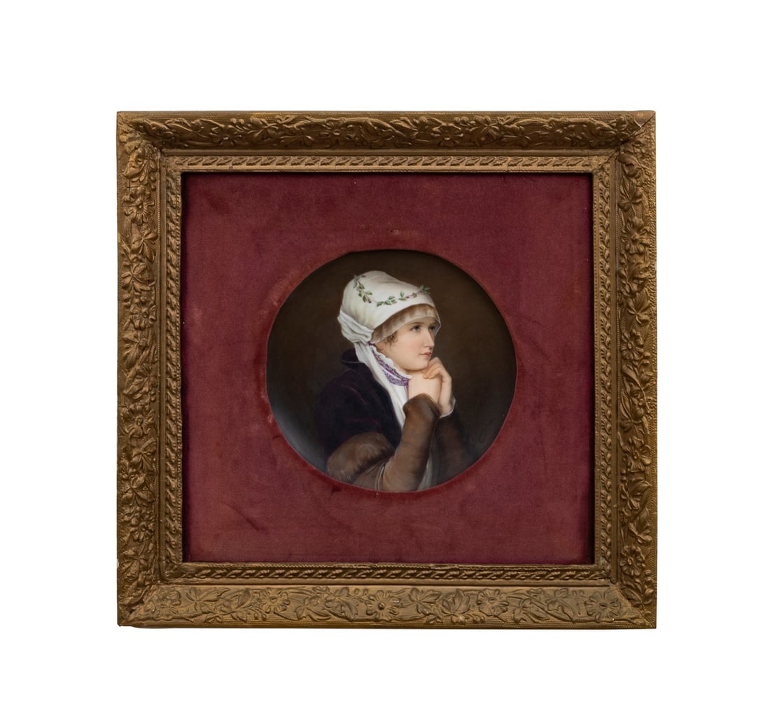 ALOYS ECKARDT, 'IN PRAYER' PORCELAIN PLATE, FRAMED: Aloys Eckardt (German, 1845-1906). "Im Gebet" (In Prayer) after the painting by Friedrich August von Kaulbach (German, 1850-1920) - late 19th century, KPM style hand painted porcelain plate, depicting