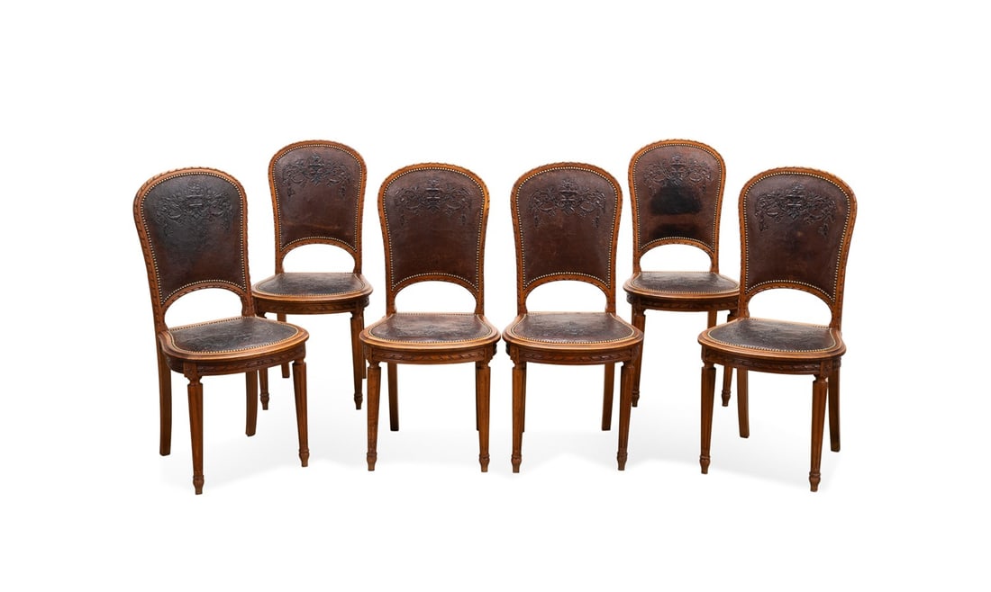 SIX LOUIS XVI STYLE LEATHER & MAHOGANY SIDE CHAIRS (1 of 4)