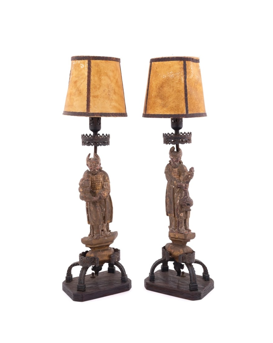 PAIR OF LAMPS WITH GILTWOOD HEBREW HIGH PRIESTS: Figures likely Continental, possibly 19th / 20th century or older; mounts American or Continental, first half 20th century. Pair of accent lamps, each having a carved polychrome giltwood and gesso woo
