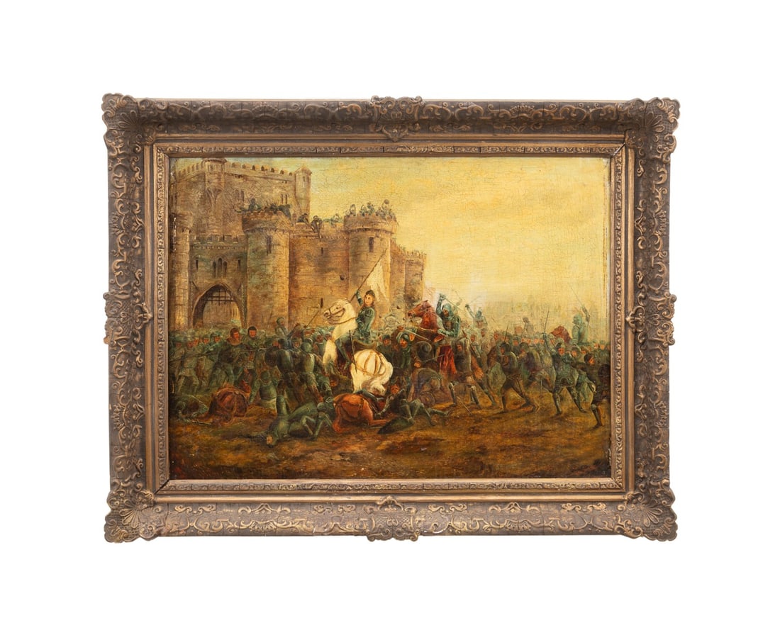 JOAN OF ARC IN BATTLE, OIL ON CANVAS, 19TH/20TH C.: Continental School, late 19th / early 20th century. Untitled - Joan of Arc in Battle, oil on canvas, apparently unsigned. Framed. Provenance: Estate of Scott Hudgens and Jacqueline Casey Hudgens, Dulu
