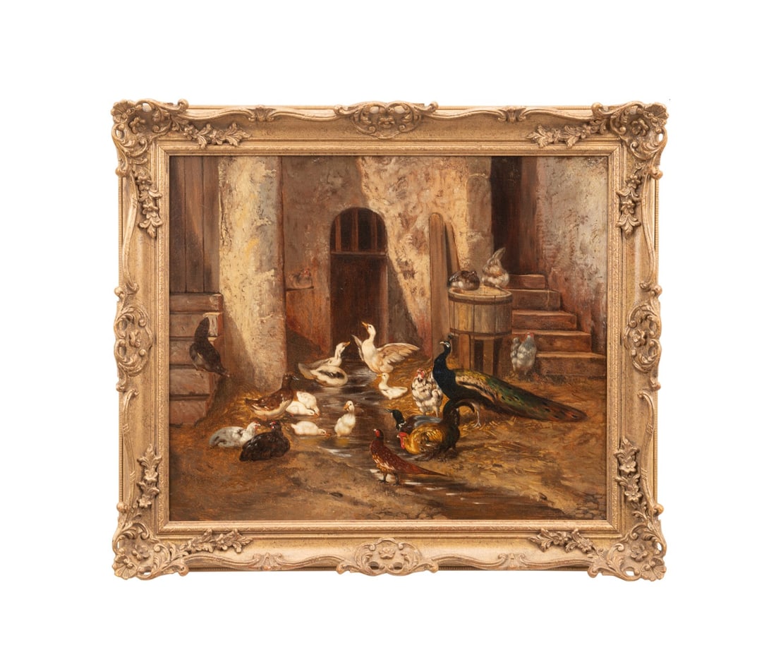 BARNYARD SCENE WITH CHICKEN, DUCKS, AND PEACOCK (1 of 4)