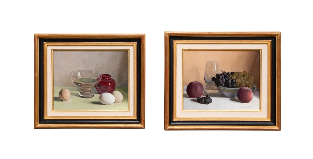J. BLANCHARD, PAIR OF STILL LIFE PAINTINGS, O/B: Jacques Blanchard (French, 1912-1992). Pair of small still life paintings with glassware, fruit, and eggs - oil on masonite board, both signed "Jacques Blanchard" to LR. Framed. Provenance: Estate of