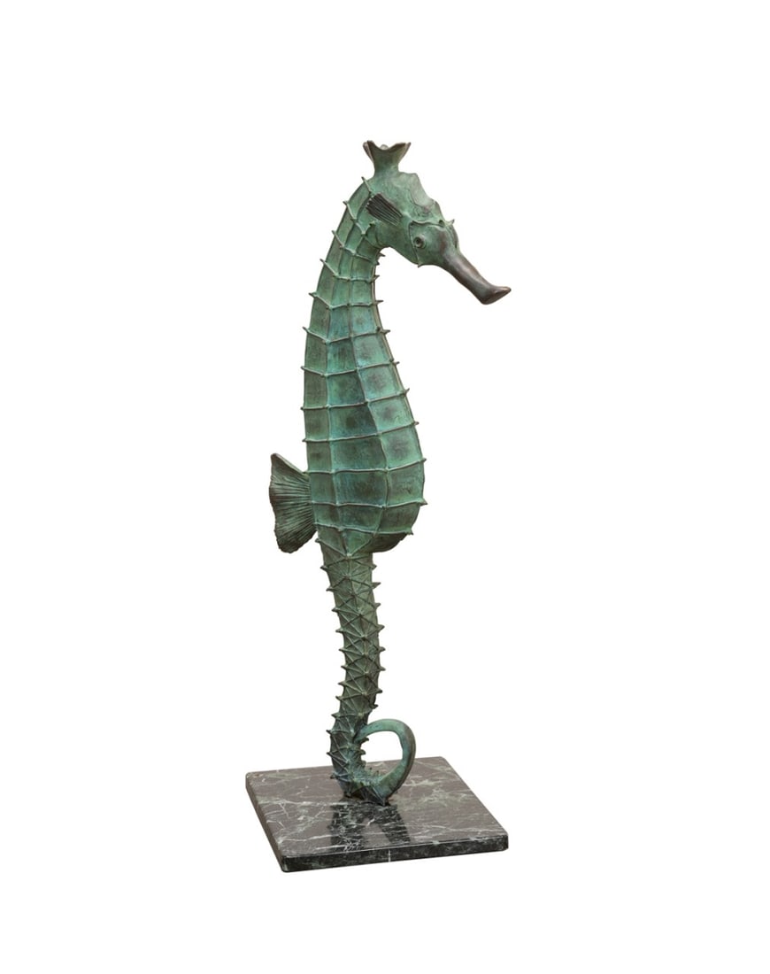 S&S WEGNER, LARGE OUTDOOR 'SEAHORSE' BRONZE: Stewart and Steven Wegner (American, born 1954). "Seahorse" - 1988, patinated bronze on marble base, signed "S/S Wegner", dated, and numbered 2/25 to tail. Provenance: Estate of Scott Hudgens and Jacq