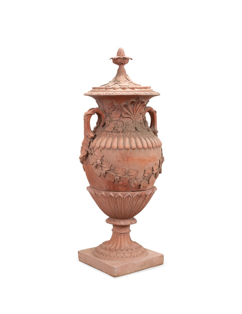 MONUMENTAL TERRACOTTA URN, AFTER F. RING: After Ferdinand Edvard Ring (Danish, 1829-1886) for Hoganas (Danish, founded 1797), 20th century. Monumental model number one terracotta urn in the Neoclassical taste, having double handles, anthemion