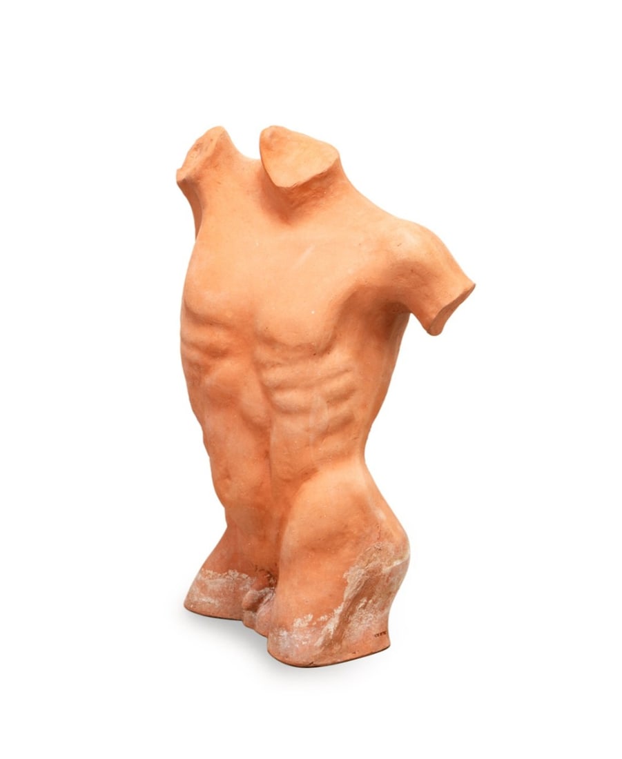 TUSCAN CLASSICAL NUDE MALE TERRACOTTA TORSO: Italian, late 20th to early 21st century. Tuscan region Classical terracotta nude male torso, impressed "Europa / Impruneta" above "Impruneta" and "Made In Italy". Approximate dimensions: h. 26".