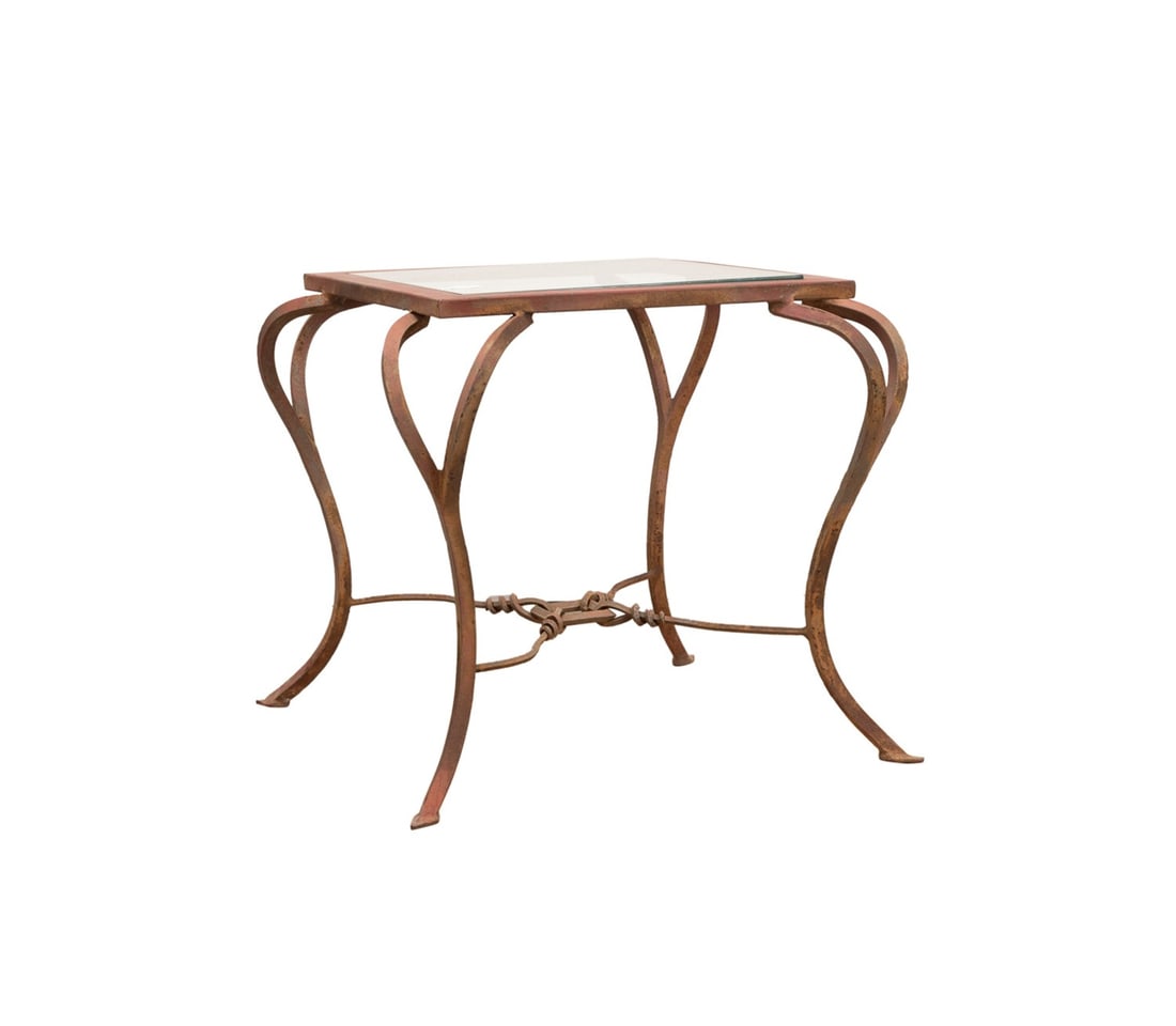 SQUARE RED PAINTED IRON & GLASS GARDEN SIDE TABLE: American, late 20th century. Red painted wrought iron and glass top patio or garden side table, apparently unmarked. Approximate dimensions: h. 20.25", w. 22.75", d. 22.75".