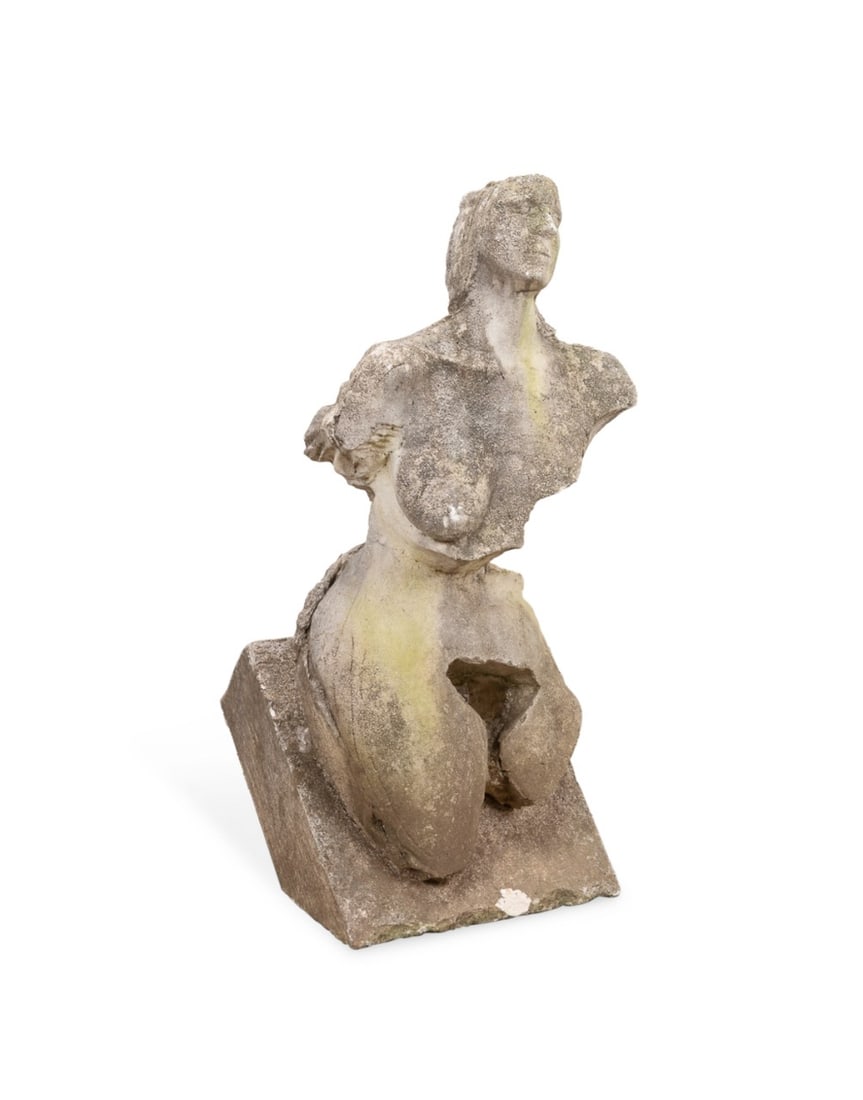 NUDE FEMALE CAST STONE GARDEN SCULPTURE: American, 20th century. Southern Atlanta regional figural carved cast concrete garden sculpture modeled as a nude female architectural fragment, apparently unmarked. Approximate dimensions: h. 43", w.