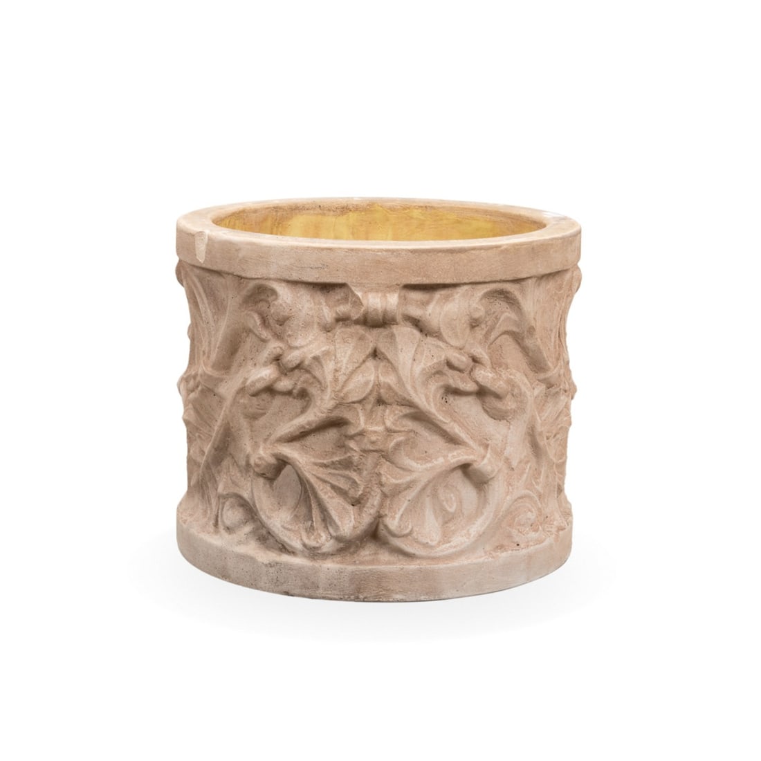 ACANTHUS PATTERNED CIRCULAR STONE PLANTER: American or European, late 20th to early 21st century. Circular cast stone garden planter, having a scrolling acanthus pattern, apparently unmarked. Approximate dimensions: h. 17", dia, 20.5".