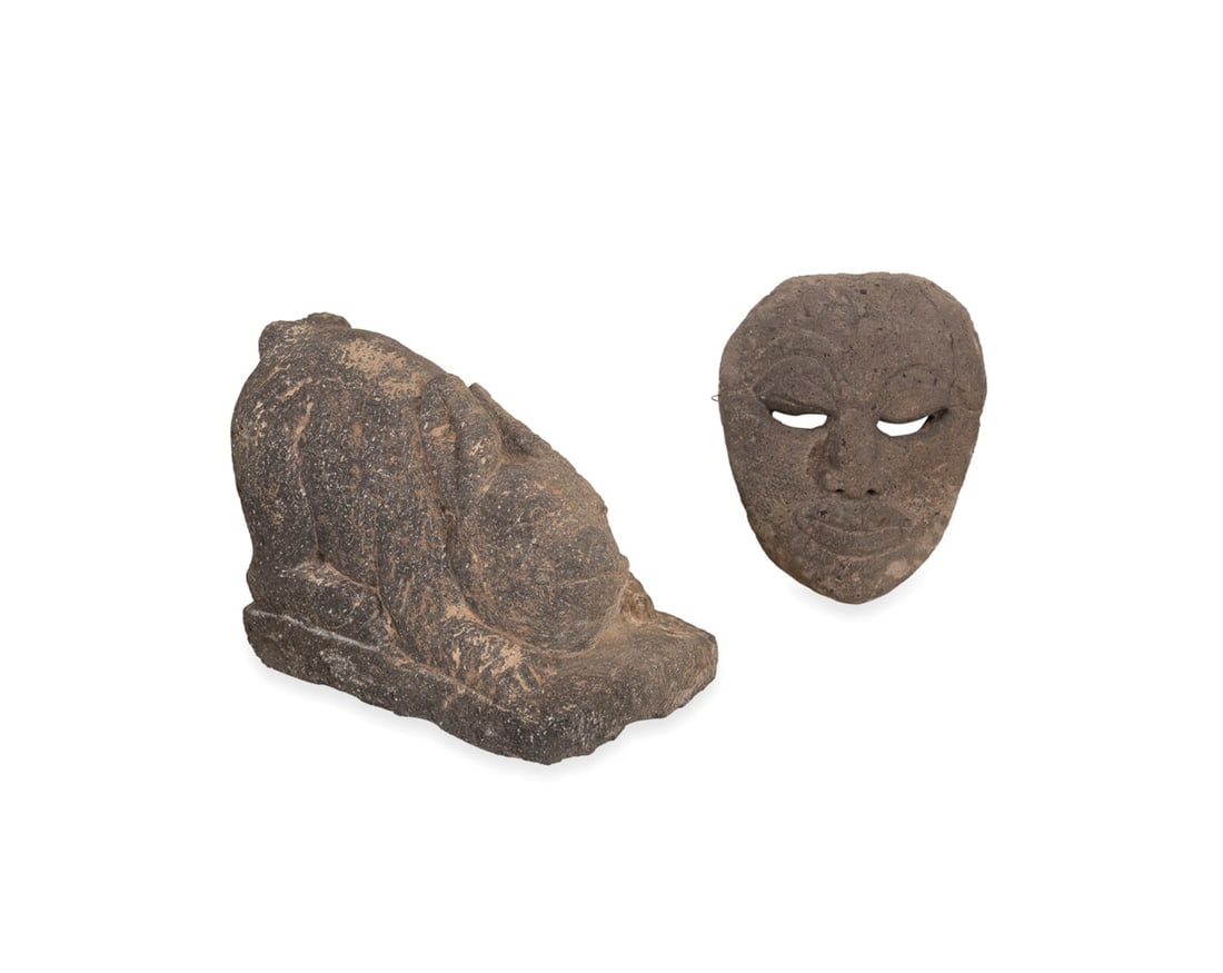 TWO STONE OUTDOOR GARDEN SCULPTURES, RABBIT & MASK (1 of 9)