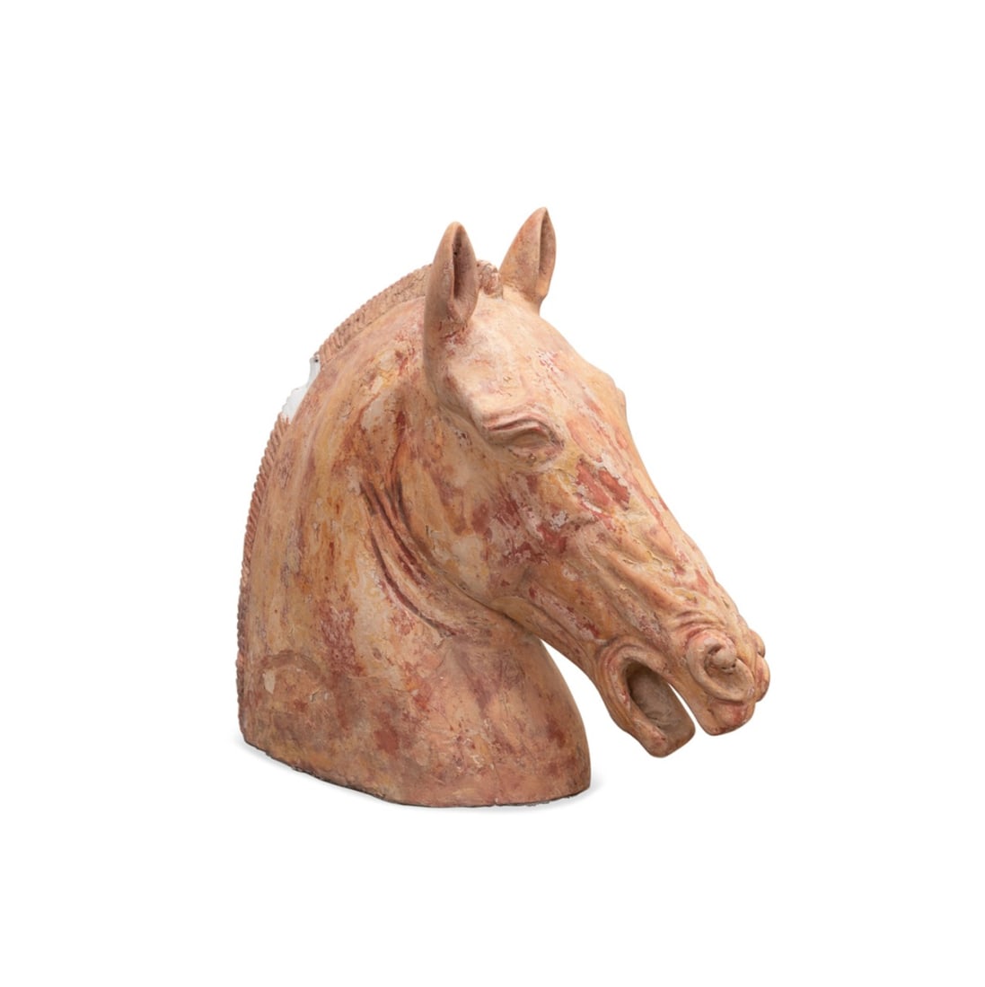LARGE DISTRESSED TERRACOTTA FINISHED HORSE HEAD: Possibly Continental, 20th century. Large plaster horse head, having a distressed terracotta finish, apparently unmarked. Approximate dimensions: h. 21", w. 23", d. 8".
