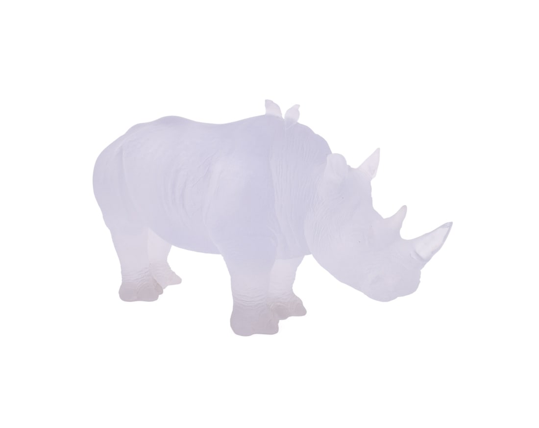 J.F. LEROY FOR DAUM, LARGE FROSTED WHITE RHINO: Jean-Francois Leroy (French, born 1964) for Daum (French, founded 1878). Pate de verre white rhinoceros, acid etched mark "Daum France" and numbered 0079/1000 to hind left foot. Approximate dimensions