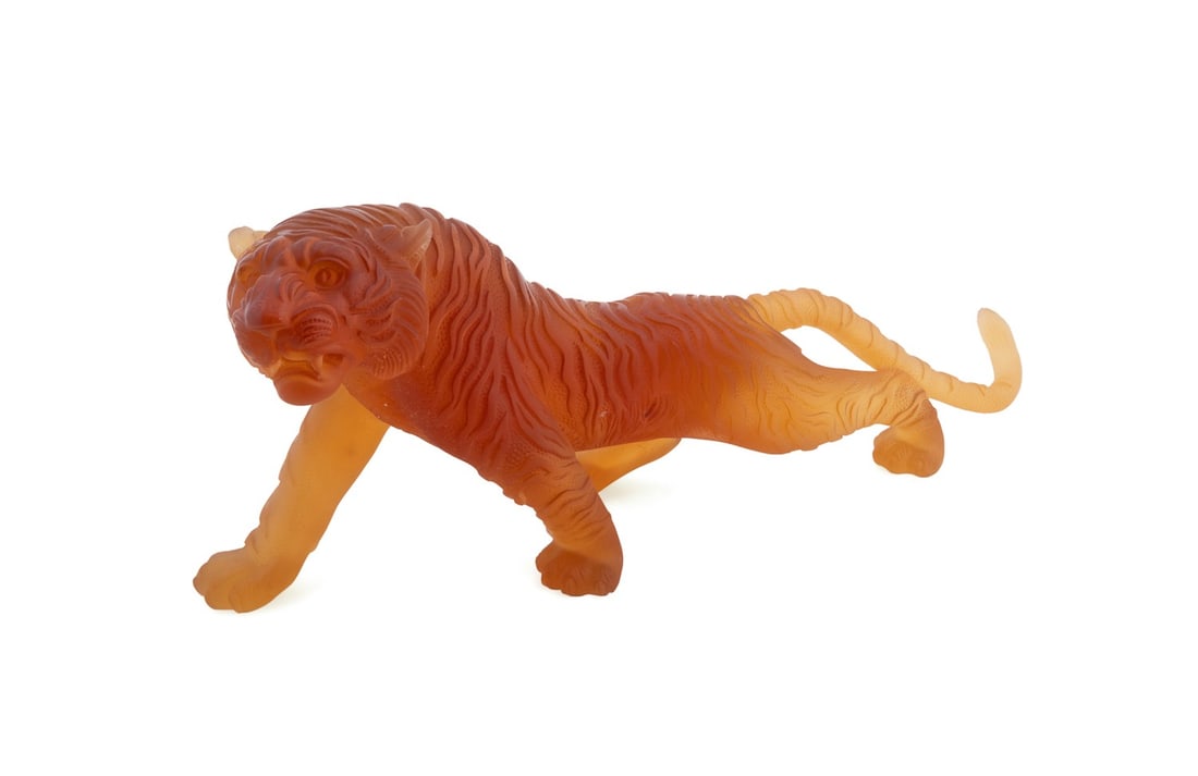DAUM, LARGE LIMITED EDITION BENGAL TIGER: Daum (French, founded 1878). "Tigre du Bengale Magnum" - early 21st century, large amber Bengal tiger pate de verre art glass sculpture, acid etched mark with "Daum France" and numbered 27/88 to hind