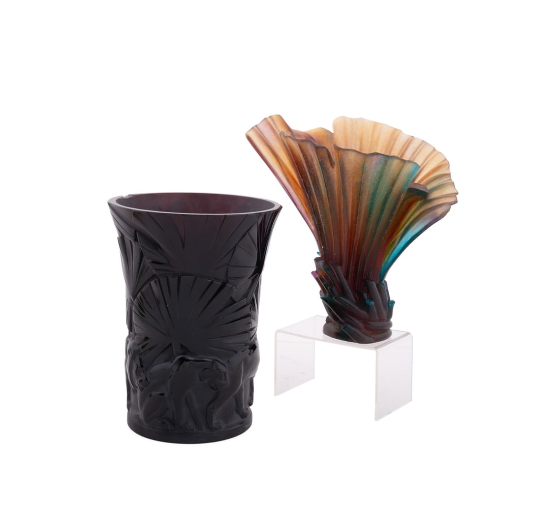 DAUM, TWO PALM MOTIF VASES, 'PALMIER' AND 'SAFARI': Emilio Robba (French, born 1944) for Daum (French, founded 1878). Two palm motif pate de verre vases - "Palmier" and "Safari", "Palmier" with acid etched mark "Emilio Robba" and "Daum France 36", "Saf