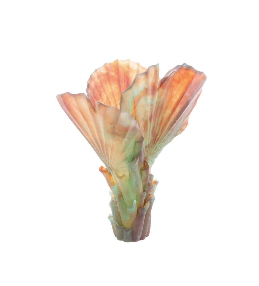 DAUM, 'PALM MAGNUM', LARGE AMBER AND GREEN VASE: Emilio Robba (French, born 1944) for Daum (French, founded 1878). "Palm Magnum" - late 20th century, large flared amber and green pate de verre vase, acid etched mark to bottom "Emilio Robba / Daum Fr