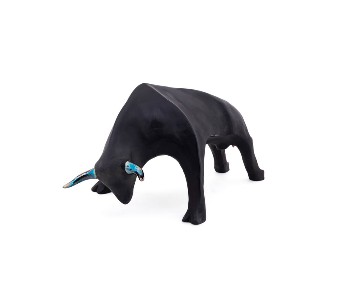 XAVIER CARNOY FOR DAUM, 'SEVILLE' SCULPTURE, 2/500: Xavier Carnoy (French, 1926-2024) for Daum (French, founded 1878), contemporary. Limited edition black pate de verre "Seville" glass figure of a bull, having silverplate horns, appropriately marked an