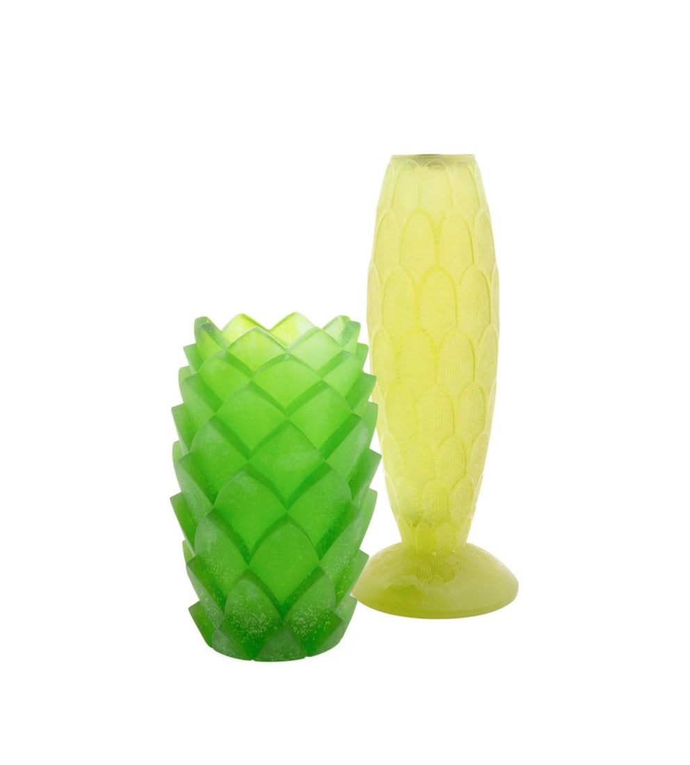 DAUM, TWO PATE DE VERRE LIMITED ED. GREEN VASES: Daum (French, founded 1878). Two green pate de verre vases comprising one Enzo Mari (Italian, 1932-2020) "Memory of Flower" green pate de verre vase with a repeating leaf pattern, acid etched signatur