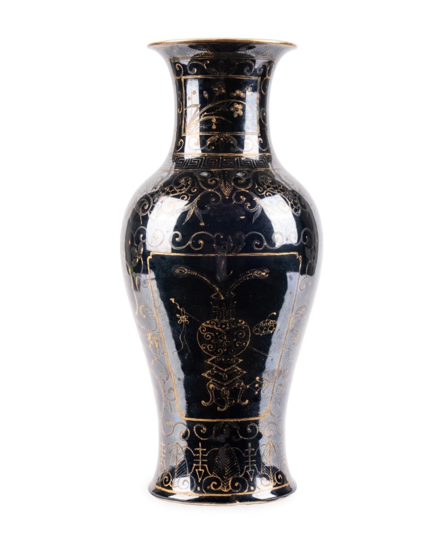 CHINESE MIRROR BLACK PORCELAIN VASE: Chinese, late 19th century. Baluster shaped porcelain vase, having mirror black glaze, pencil gold design depicting scrolling vines and leaves, reserve panels of vases on stands, butterflies and bloss