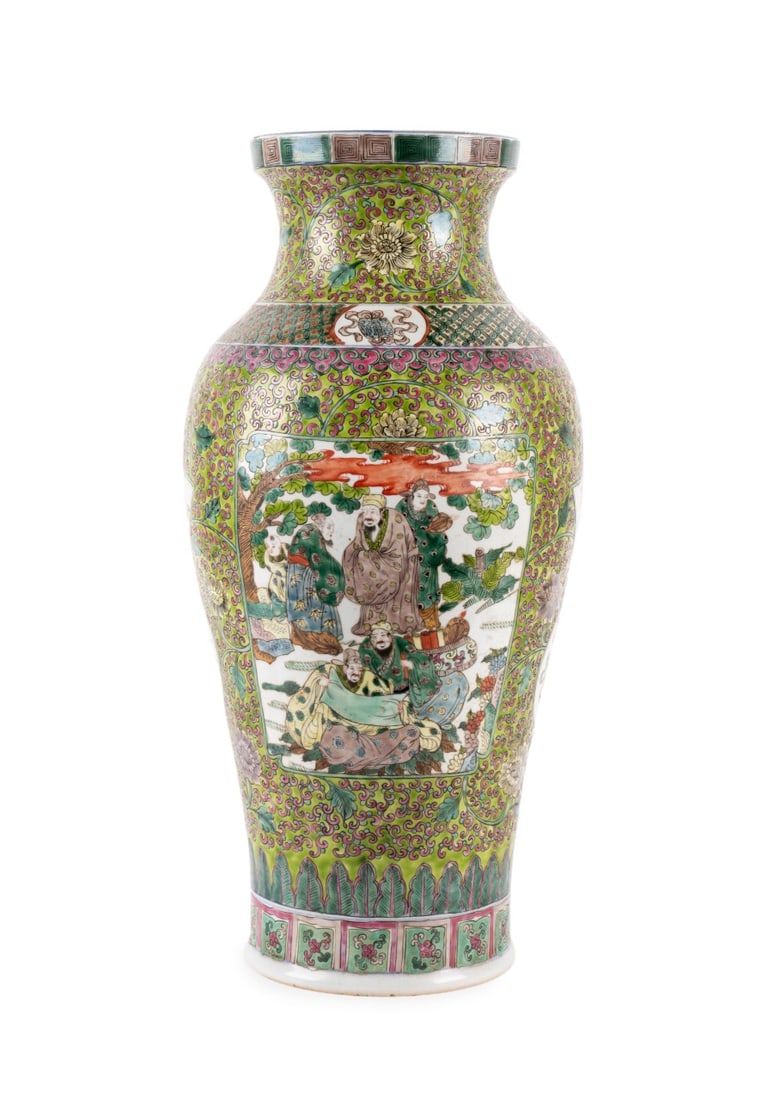 LARGE CHINESE MING DYNASTY PORCELAIN VASE: Chinese, 19th century. Canton porcelain vase including six figures on either side in two scenes; one scene depicting figures sitting amongst a table playing a board game, the other with figures sittin