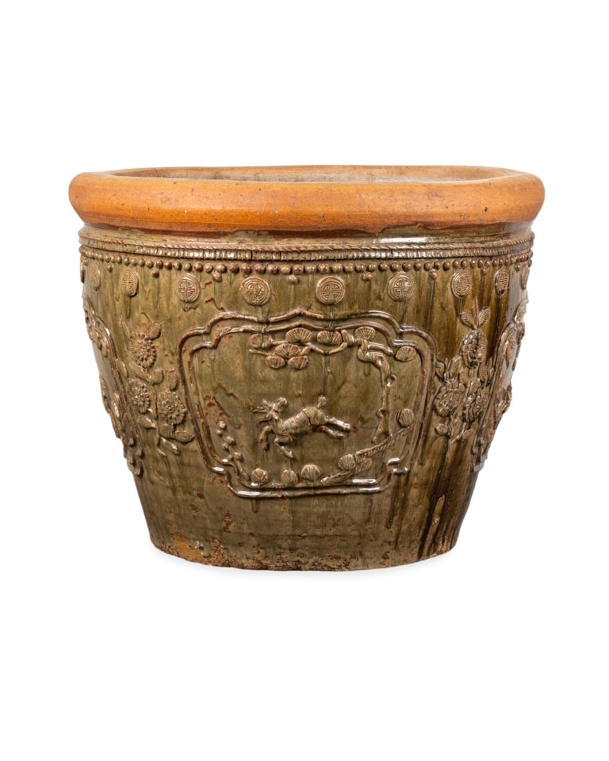 LARGE CHINESE OCHRE GLAZED CERAMIC PLANTER (1 of 11)