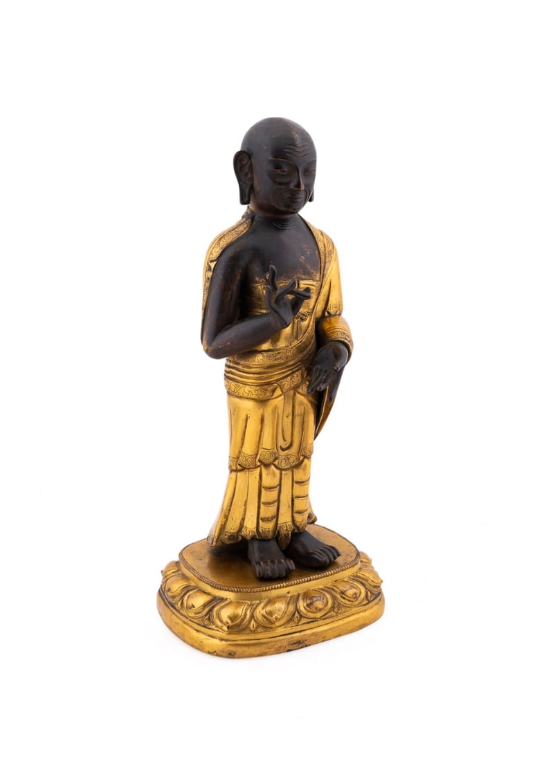 SINO-TIBETAN PATINATED GILT BRONZE SARIPUTRA (1 of 7)