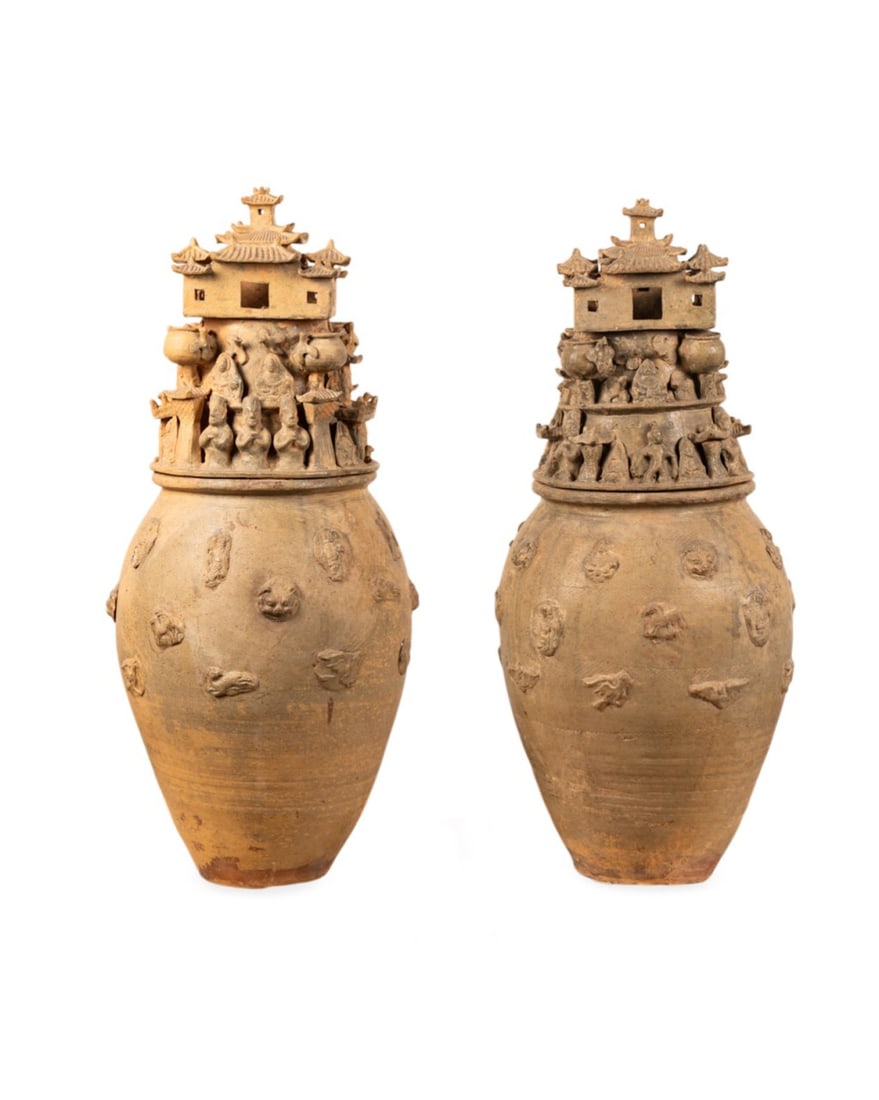 PAIR OF CHINESE STONEWARE FUNERARY URNS (1 of 10)
