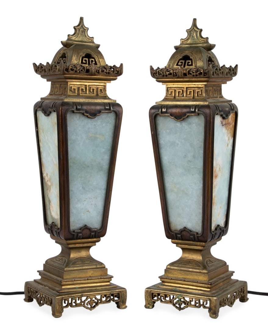 PAIR CHINESE BRONZE AND MARBLE TABLE LAMPS: Chinese, early 20th century. Pair of lantern style table lamps with interior lighting, bronze pagoda top, marble or onyx panels and stepped bases with pierced work, apparently unmarked. Approximate di