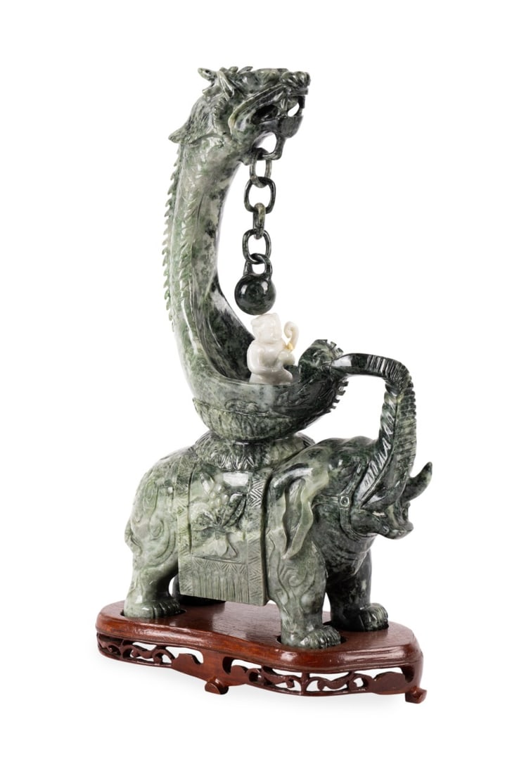 CARVED JADE ELEPHANT AND DRAGON STATUE (1 of 9)