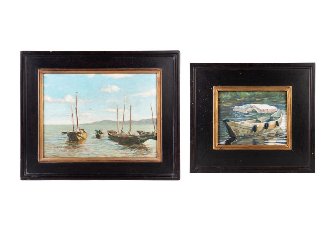 TWO SHANG JIN CHINESE OIL PAINTINGS: Shang Jin (Chinese, born 1934), "South China Sea 2" and "Asian Boats 24", oil on artist's board, one signed to LL and other signed to UR, Breckenridge Galleries labels to verso of both. Framed. Proven