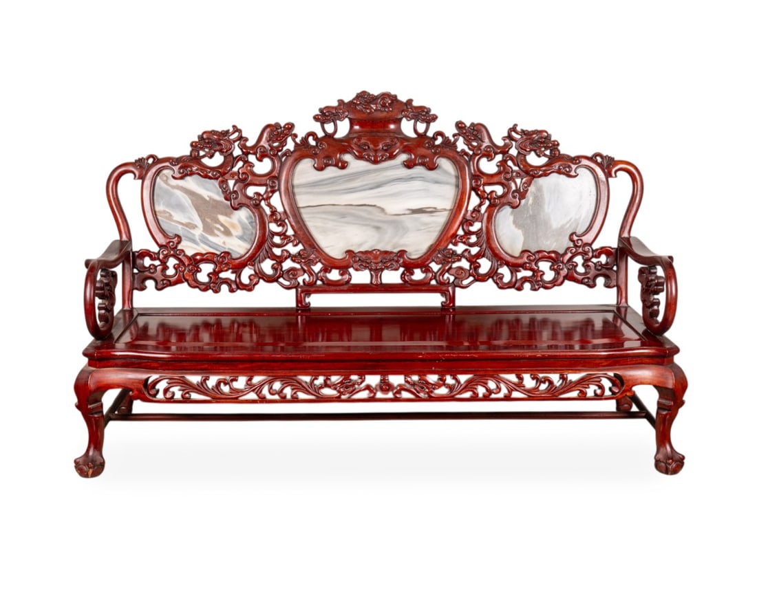 CHINESE ROSEWOOD DRAGON BENCH: Chinese, 20th century. Carved rosewood bench with pierced carved backsplat and apron, and three marble dreamstone inserts, apparently unmarked. Provenance: Private Collection of Jared M Kramer,