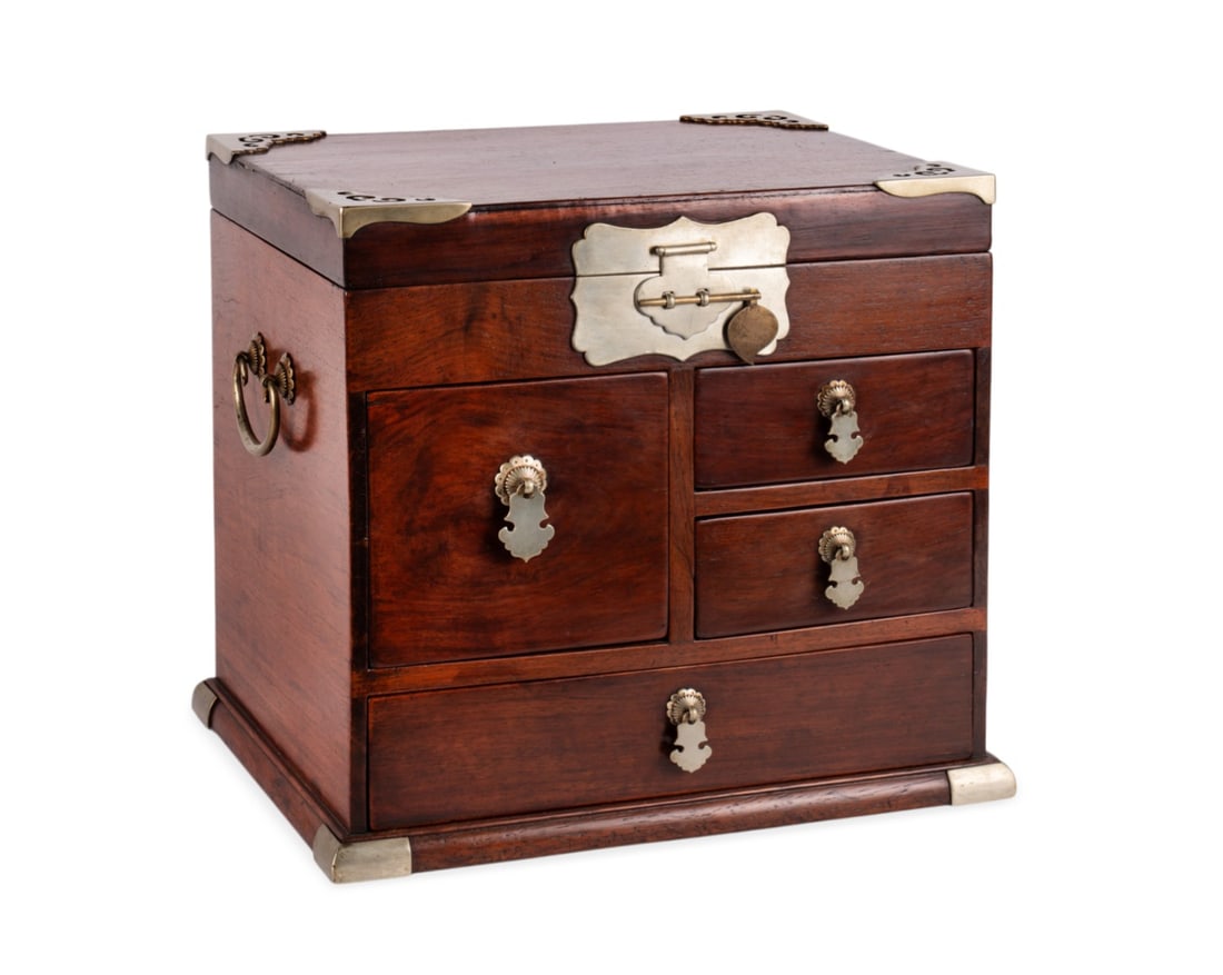 CHINESE ROSEWOOD BRASS MOUNTED CHEST: Chinese, 20th century. Traditional form rosewood chest with brass corner brackets, lock plate, and decorative drop pulls, apparently unmarked. Approximate dimensions: h. 13.5", w. 14.25", d. 11.5".