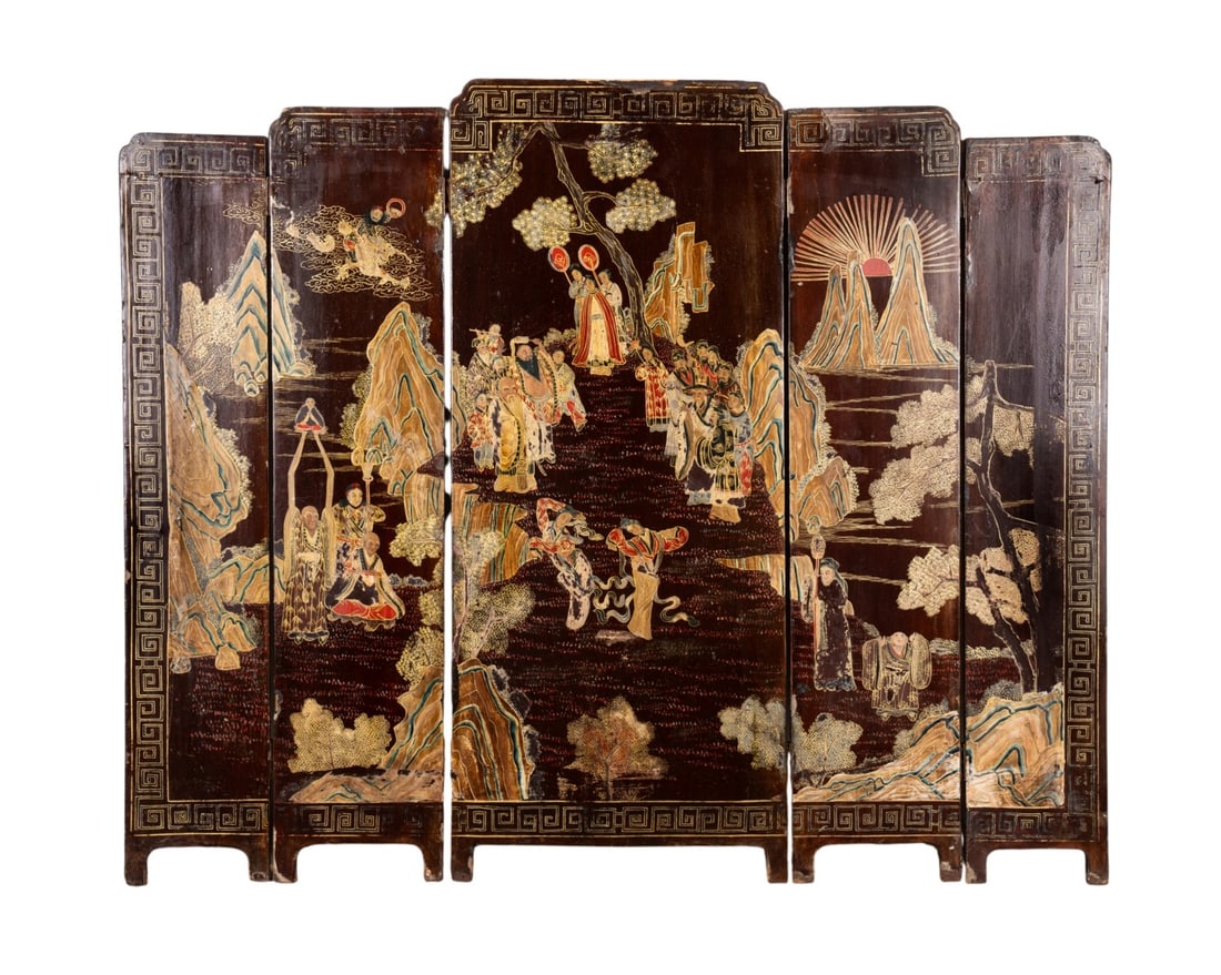 CHINESE FIVE PANEL LACQUERED SCREEN - 2