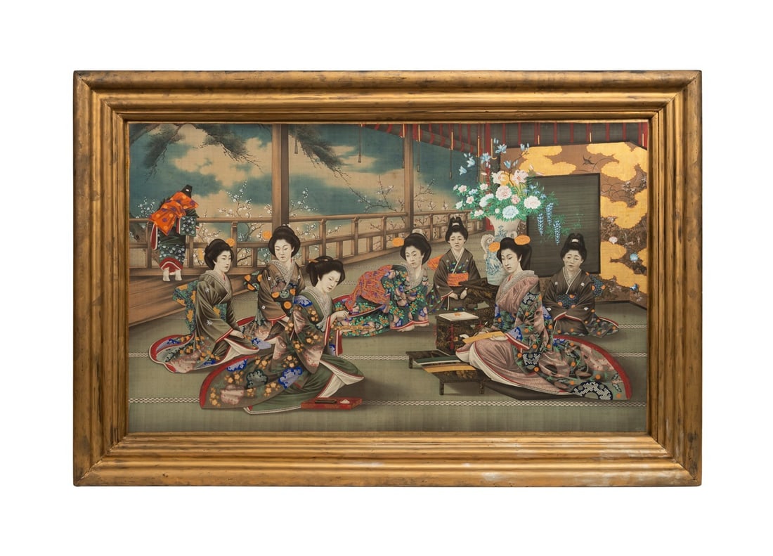 JAPANESE, 'THE CALLIGRAPHY HOUR' HAND PAINTED SILK: Japanese School, 19th / 20th century. "The Calligraphy Hour", ink and color on silk laid to glass, apparently unsigned. Framed. Approximate dimensions: sight h. 27.125", w. 45.25"; frame h. 35.75",